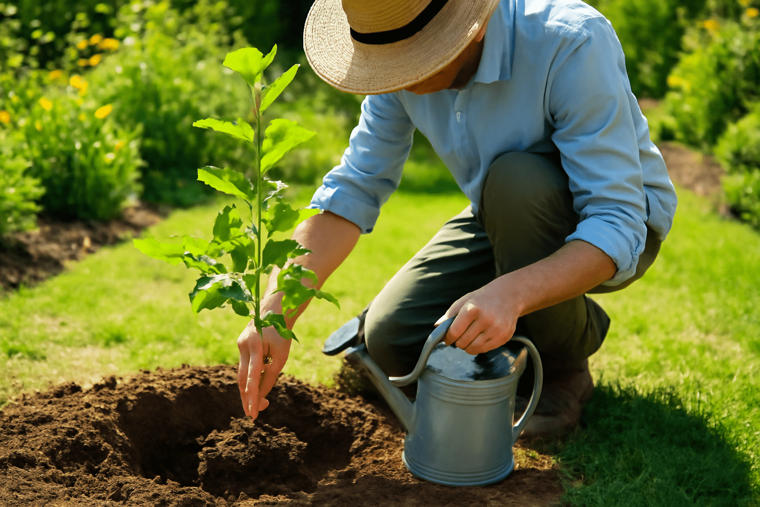 A man wearing a hat is planting a young tree in the ground, demonstrating an act of environmental stewardship.