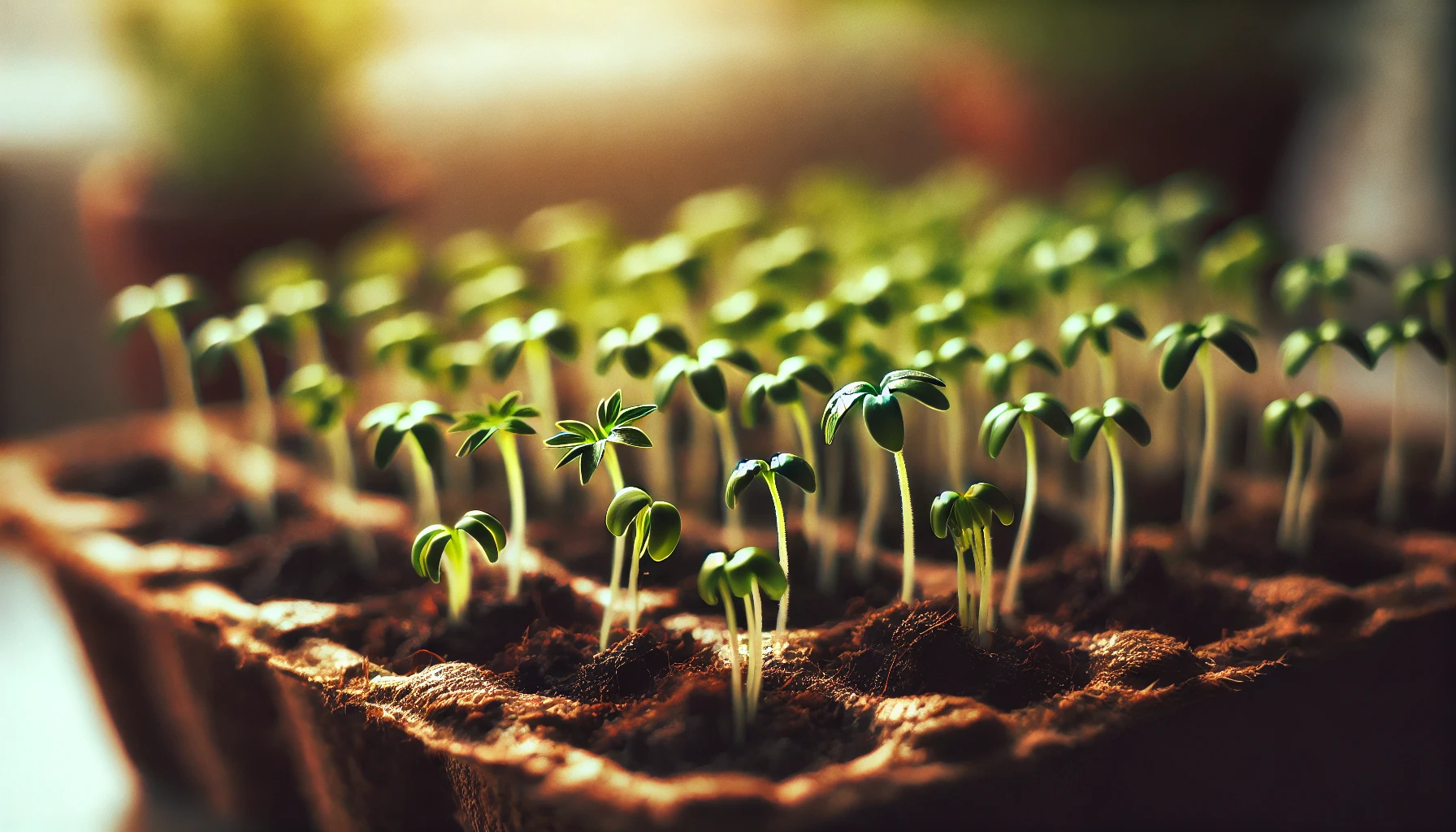 A close-up of young seedlings emerging from rich soil in a biodegradable tray, illuminated by soft, natural light.