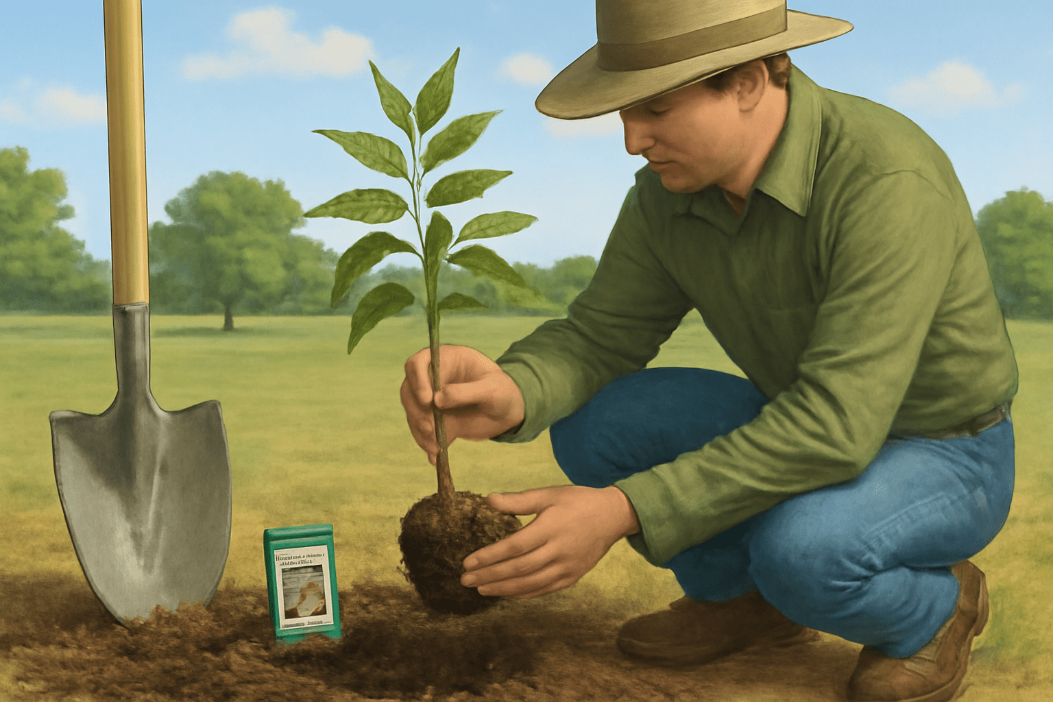 "Gardener planting paper shell pecan sapling with gardening tools in the soil"
