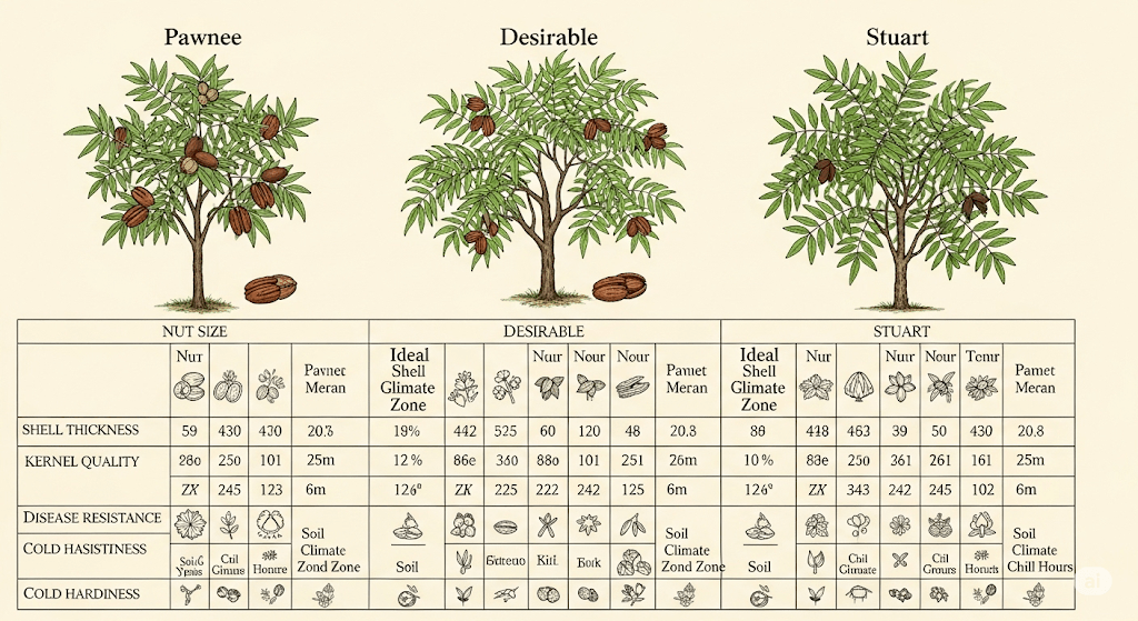 "Comparison chart of pecan tree varieties like ‘Pawnee,’ ‘Desirable,’ and ‘Stuart,’ showcasing their features for high yield."