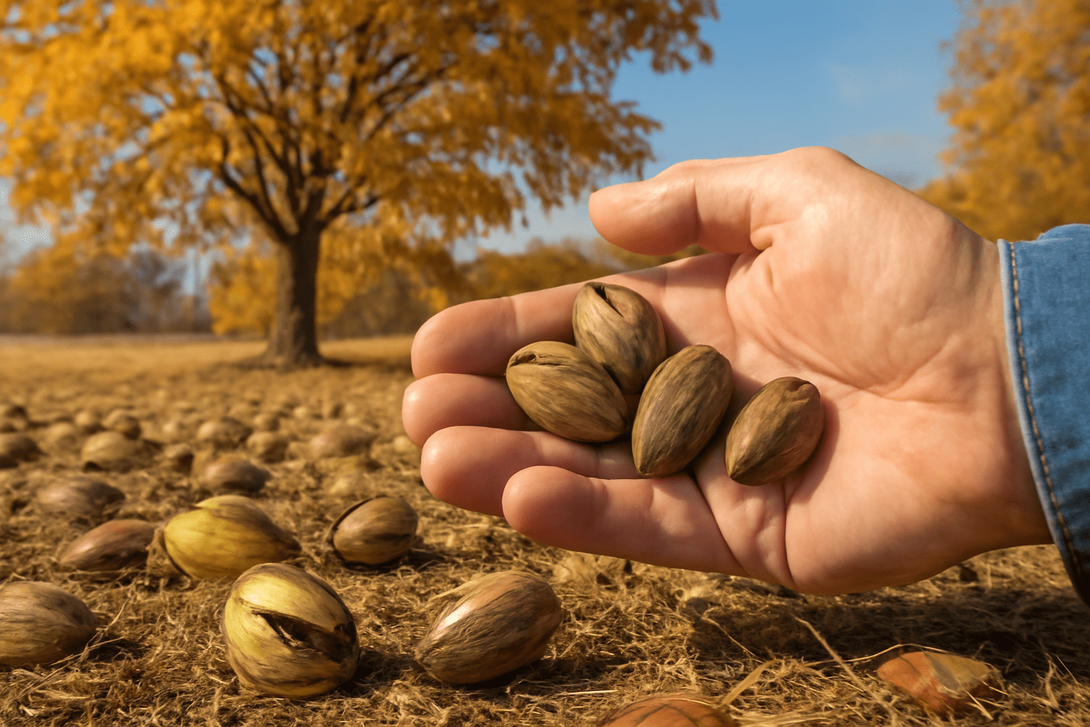 "Ripe pecans in split husks on the ground with a gardener’s hand inspecting them, set against a fall pecan tree, highlighting the seed collection process for planting."