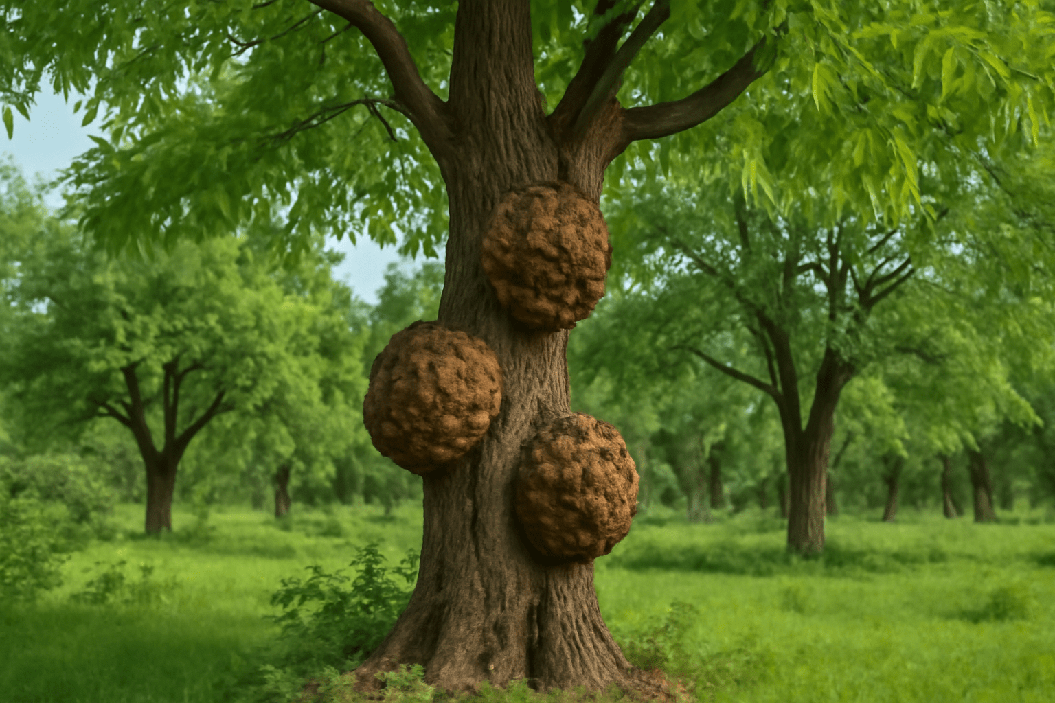 "Walnut tree in a forest with visible burl growths on the trunk, showcasing natural wood formations in an outdoor setting."