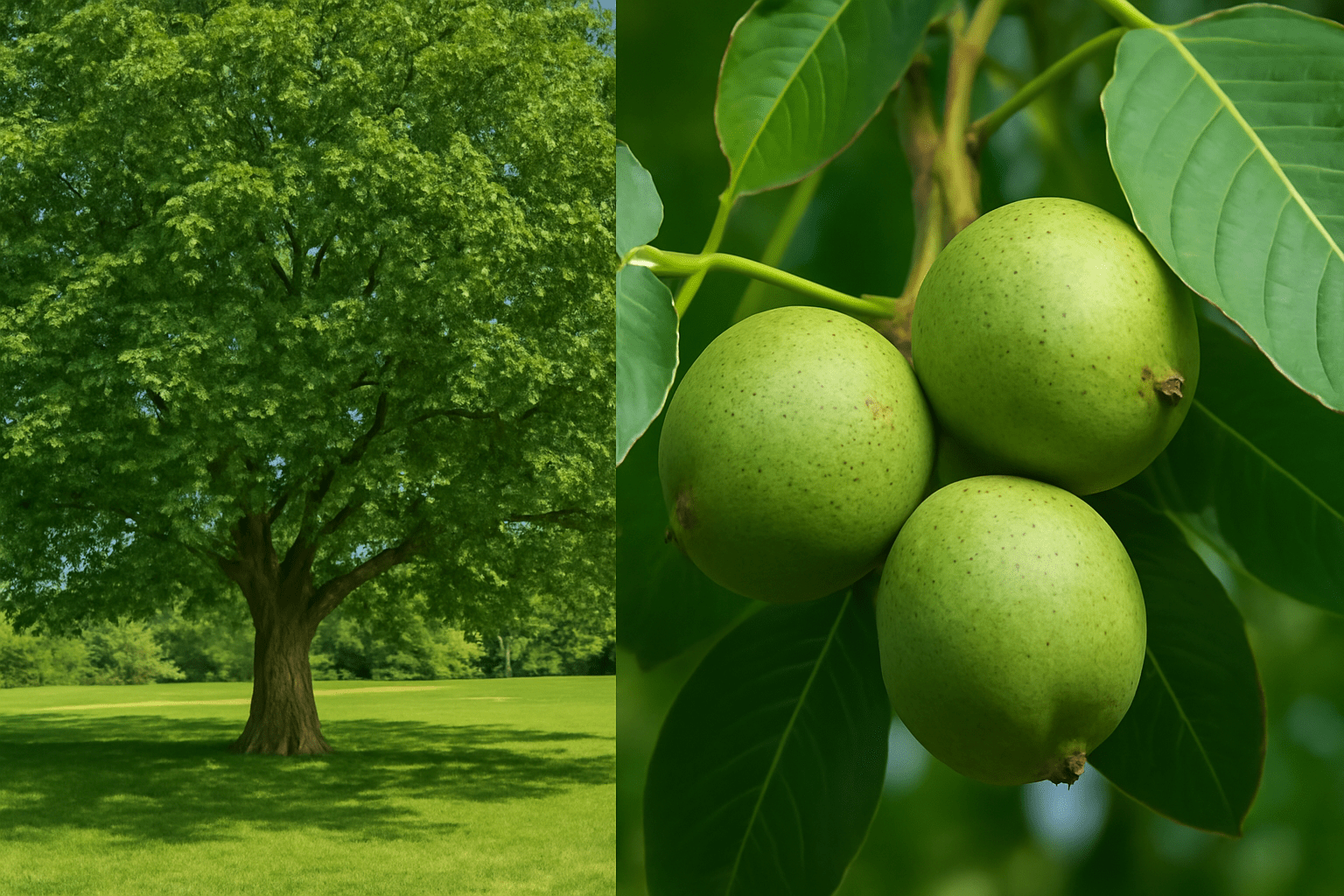 "Walnut tree providing shade with close-up of ripe walnuts ready for harvest."
