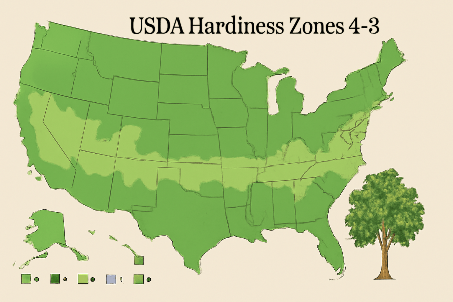 "USDA Hardiness Zone map highlighting Zones 4-9 with black walnut tree, showing ideal climates for planting."