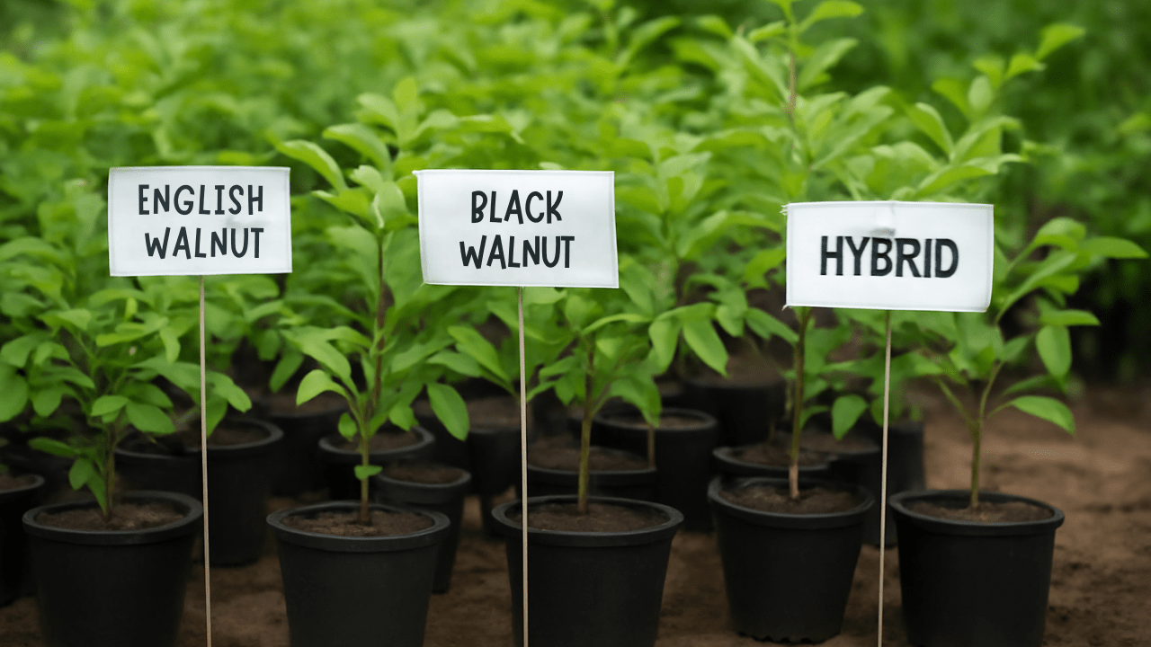 "Different walnut tree saplings in a nursery, each labeled with variety names like English Walnut, Black Walnut, and Hybrid."