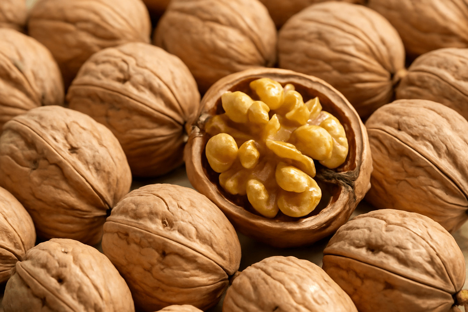 "Fresh, unshelled walnuts cracked open, showing high-quality nuts ready for planting."