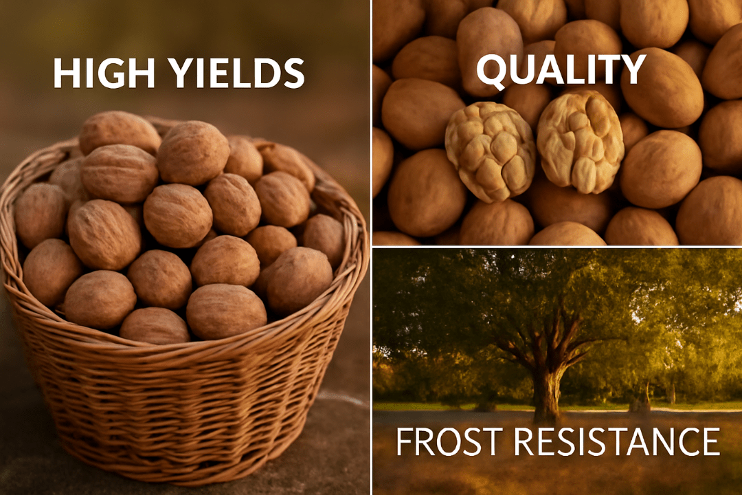 "Collage of Chandler walnut tree benefits with overflowing basket of nuts, quality kernels, and frost-resistant tree."