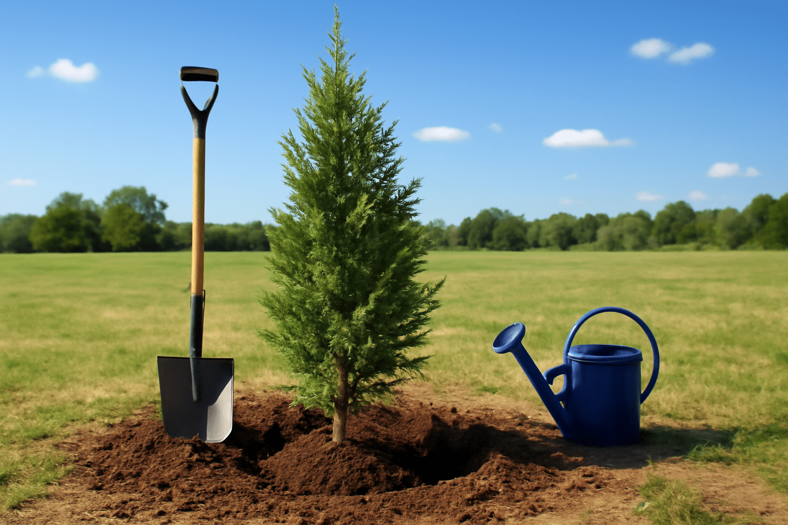A small tree is planted in a grassy field beneath a clear blue sky. A shovel and blue watering can are nearby, suggesting recent planting activity.