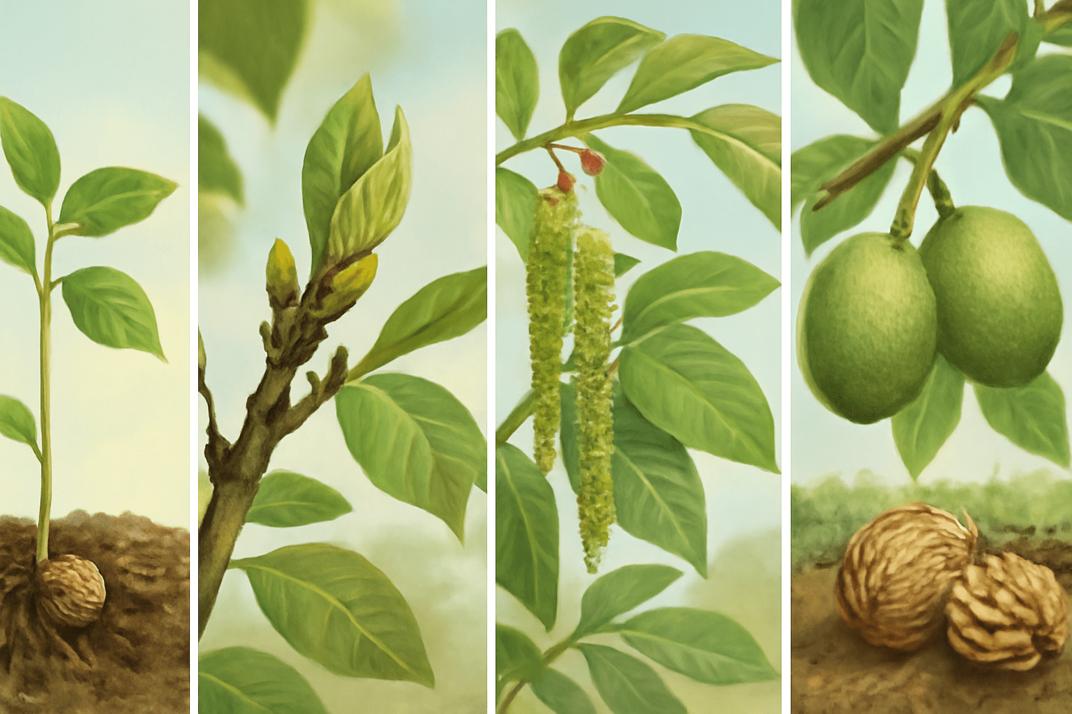"Lifecycle stages of a walnut tree from seedling to mature tree"