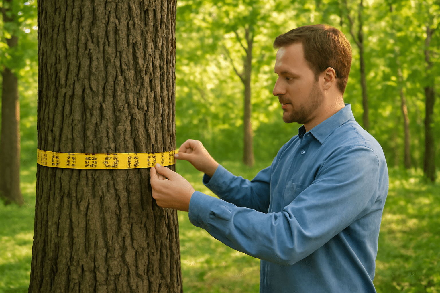 “Measuring the diameter of a black walnut tree at breast height for valuation.”