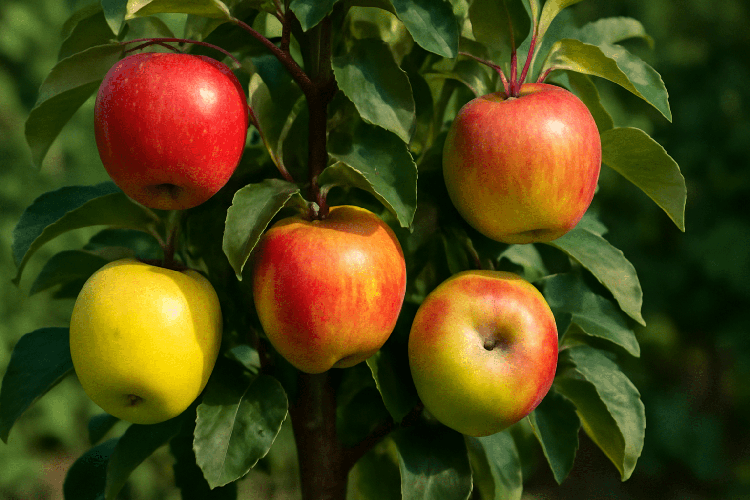 "Close-up of different dwarf apple tree varieties like M9 Rootstock, Pixie, and Golden Delicious with ripe apples visible."