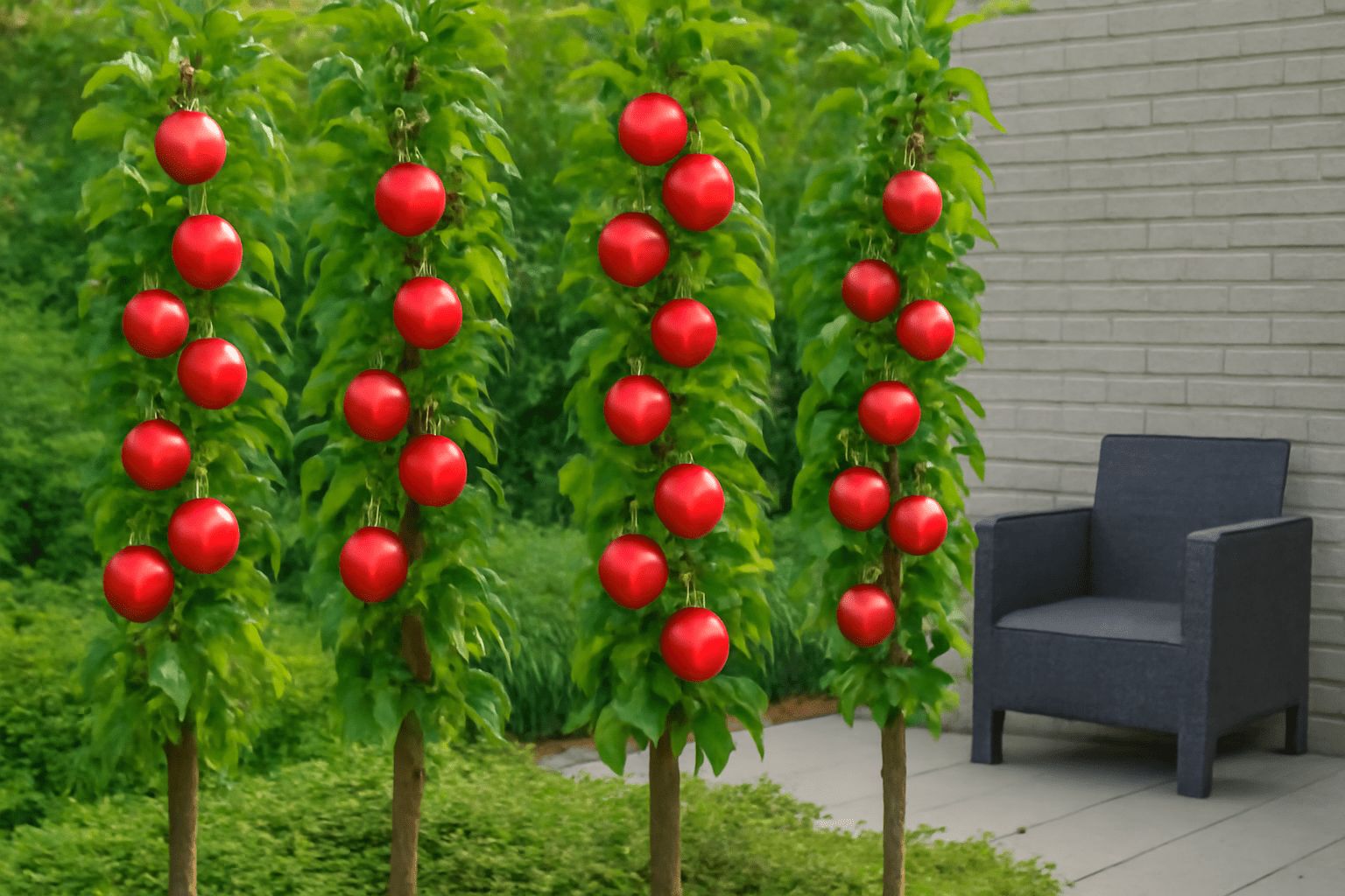 "Multiple columnar apple trees planted in a small urban garden, maximizing space efficiency."
