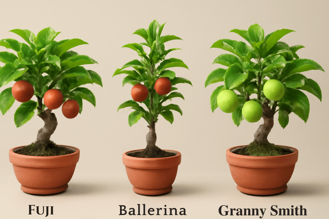 "Miniature bonsai apple trees in pots, including Fuji, Ballerina, and Granny Smith varieties."
