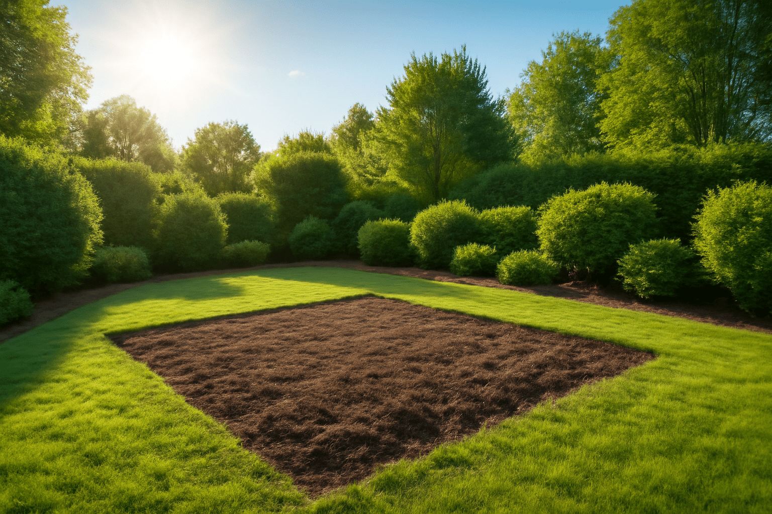 "A garden with ideal conditions for planting an Arkansas Black apple tree, including full sunlight and well-drained soil."