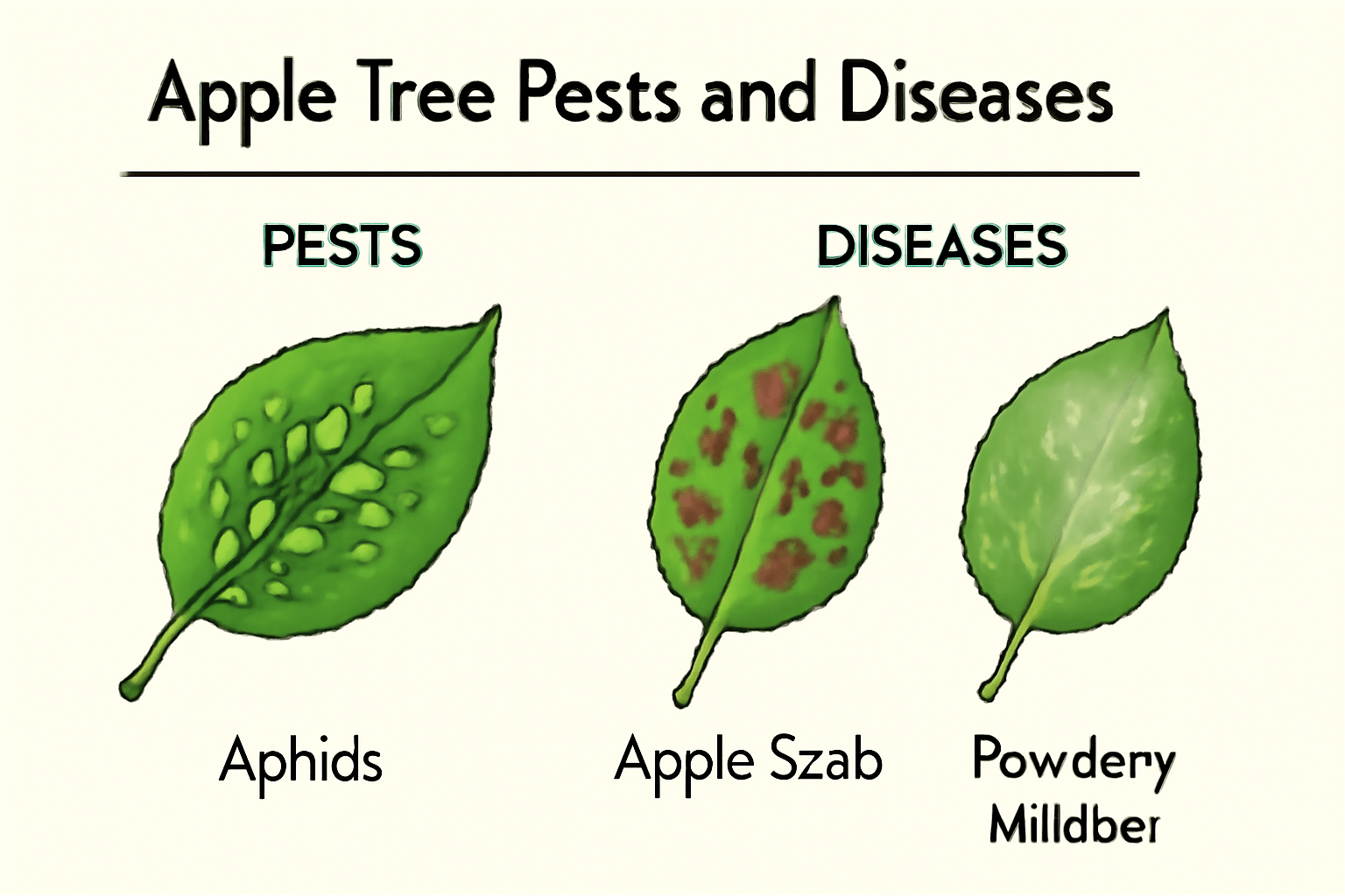 "Illustration of common apple tree pests and diseases, including aphids, apple scab, and powdery mildew."
