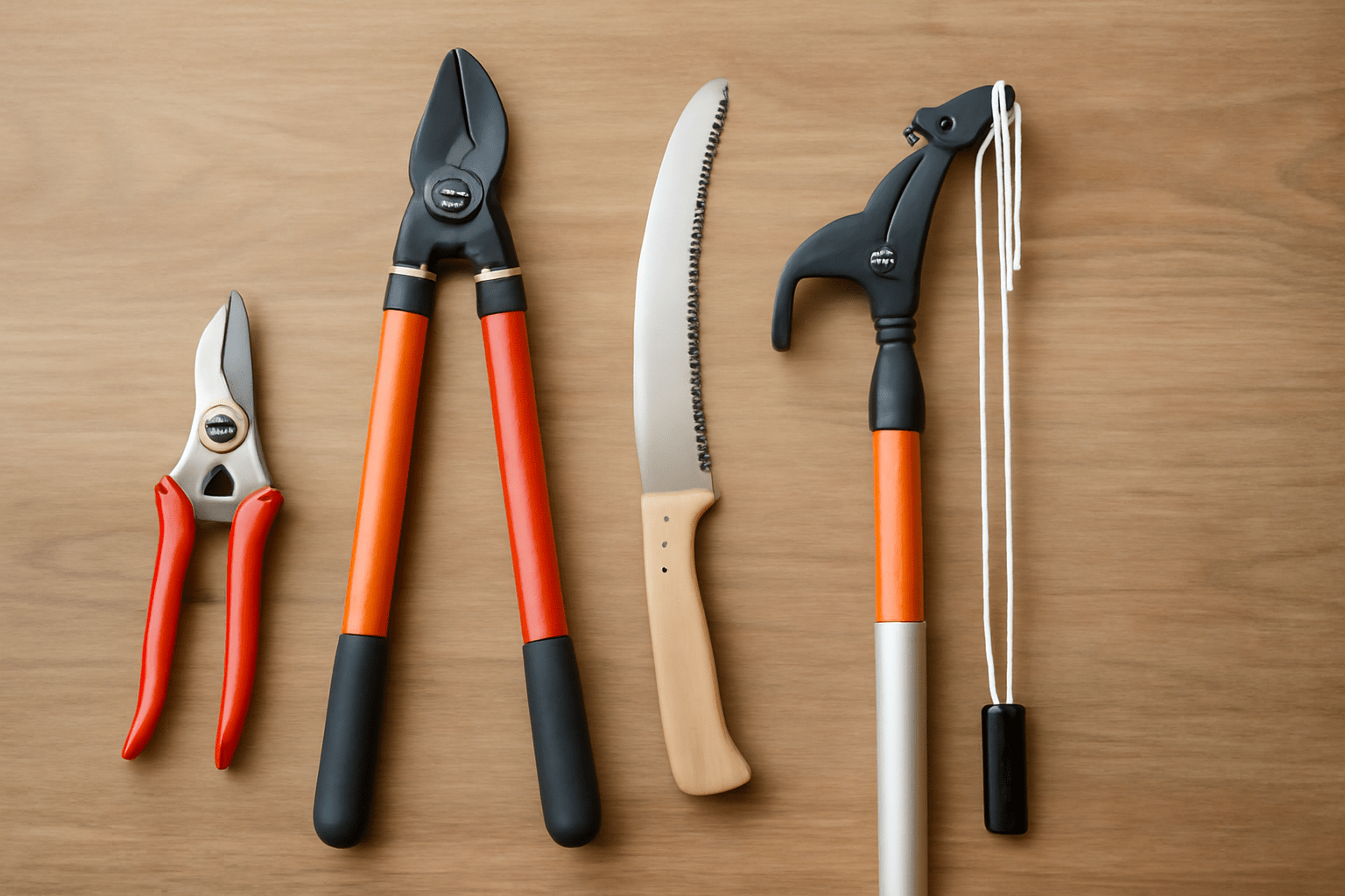 "Set of apple tree pruning tools: hand pruners, loppers, pruning saws, and pole pruners for effective tree care."