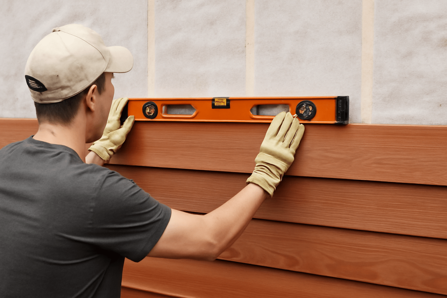 Man wearing gloves and a cap uses an orange level tool to align wooden siding on a wall. The scene conveys focus and precision in construction.