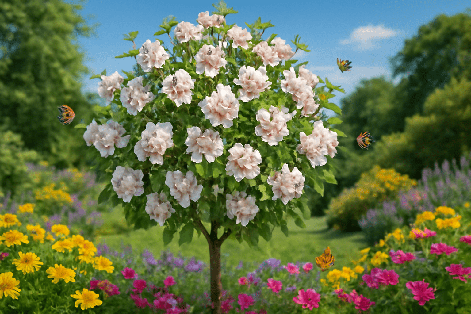 "Flowering apple tree in a garden, attracting bees and butterflies for pollination."
