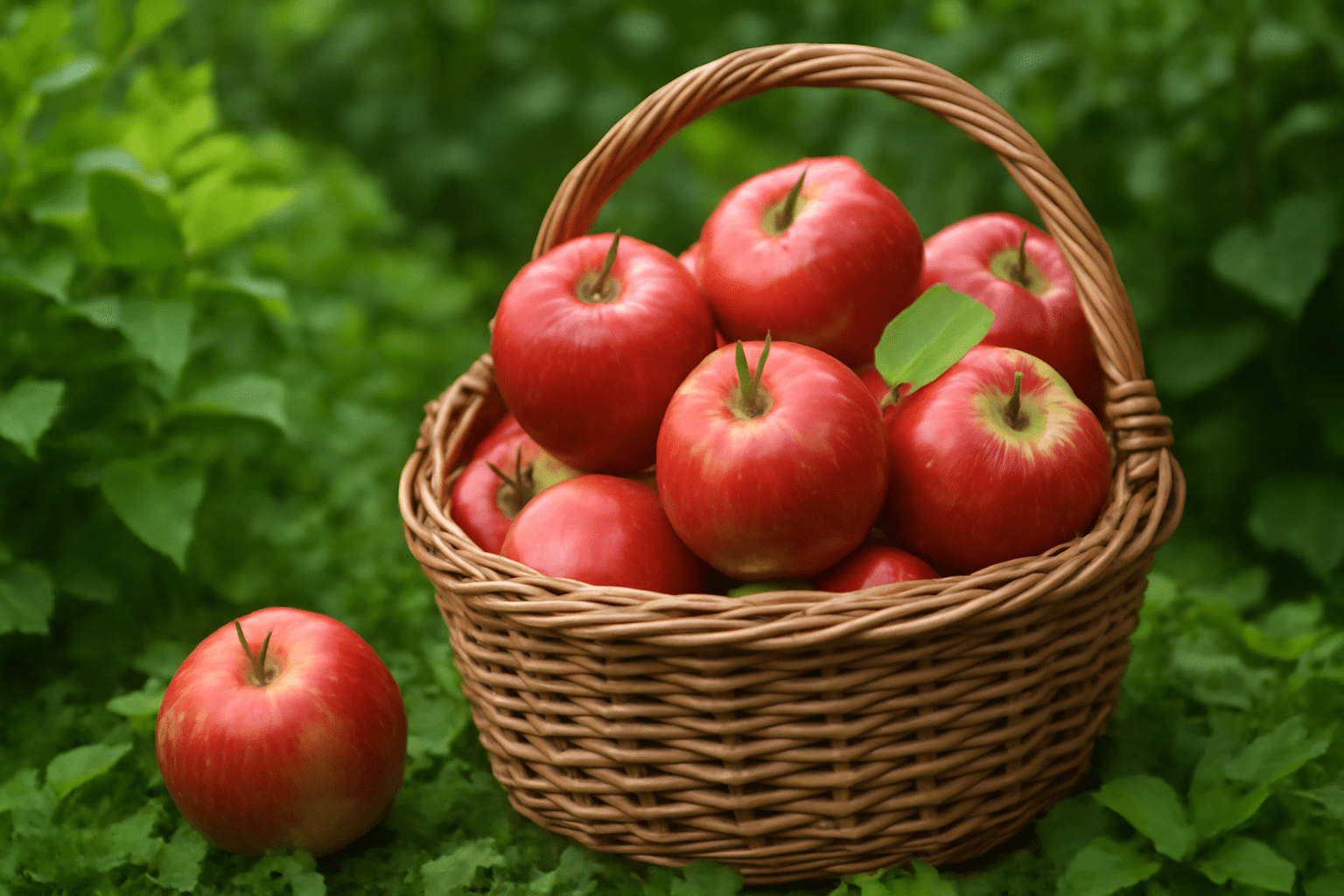 "Basket of freshly picked McIntosh apples in a lush garden setting."