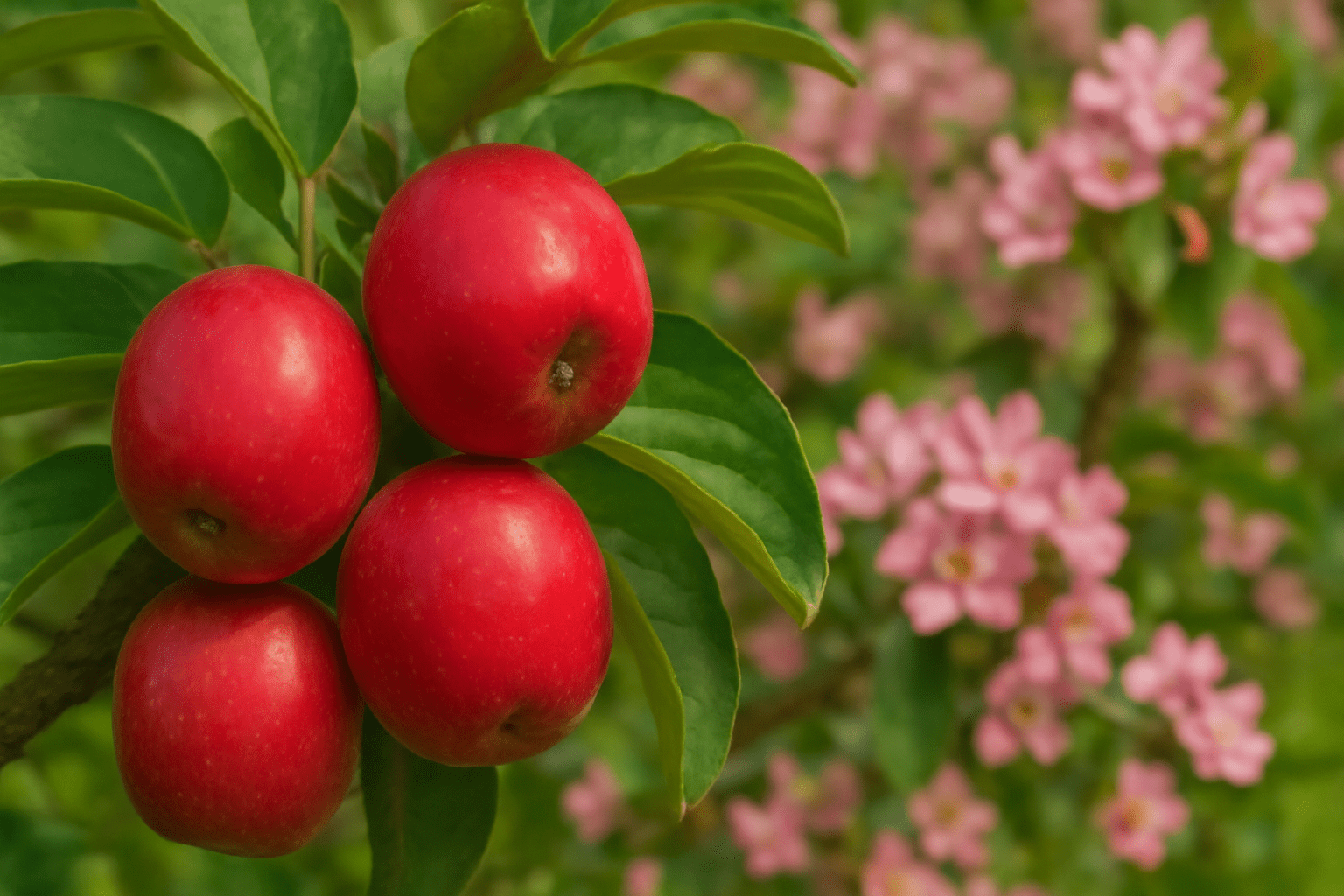 "Close-up of a paradise apple tree with red apples, glossy leaves, and delicate blossoms."