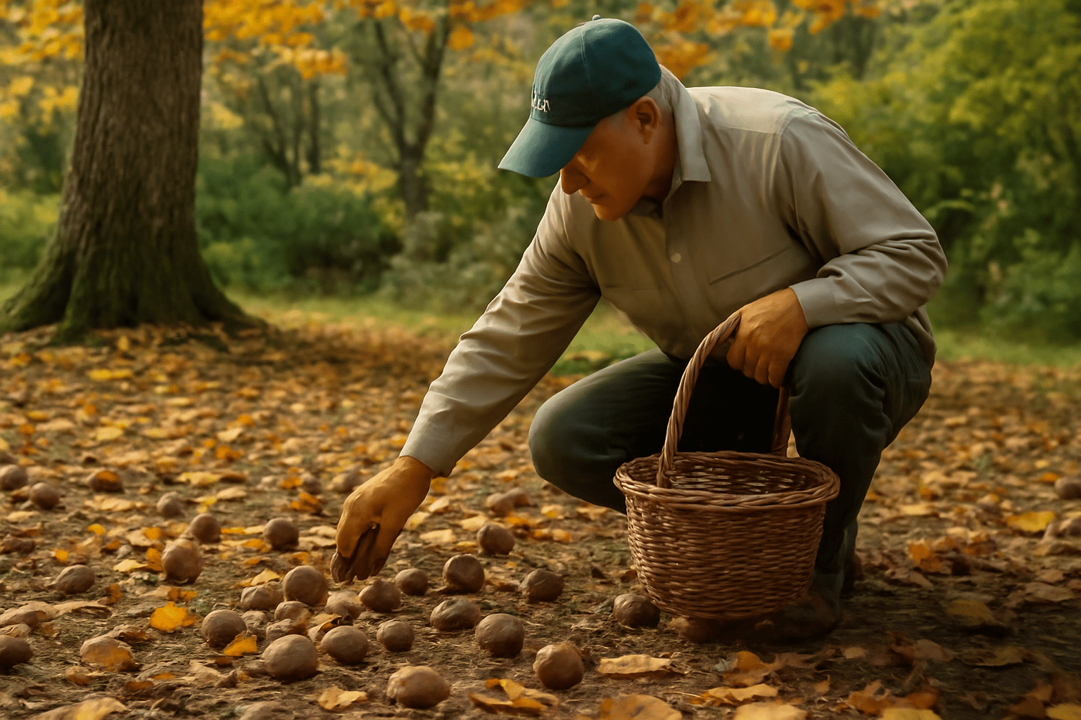 "Gardener collecting mature hickory nuts in autumn from the ground in a backyard."