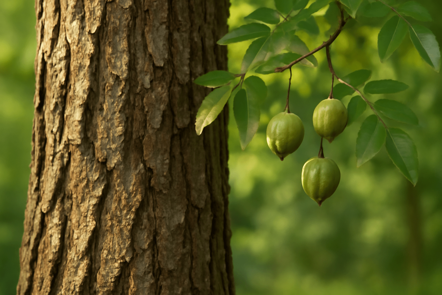“Close-up of hickory tree bark and hanging hickory nuts, showcasing tree texture.”