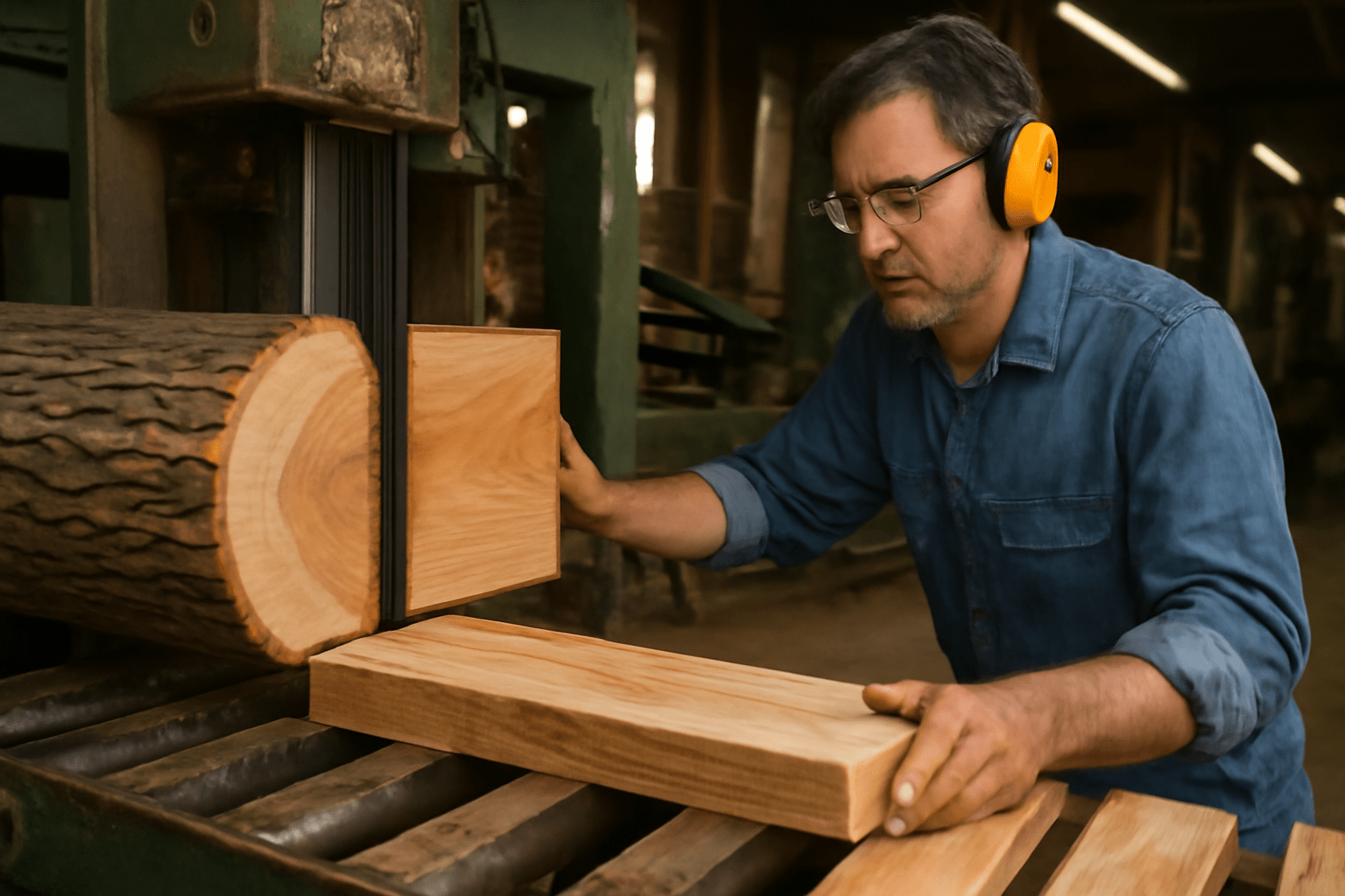 "Sawmill processing hickory logs into high-quality wooden planks."