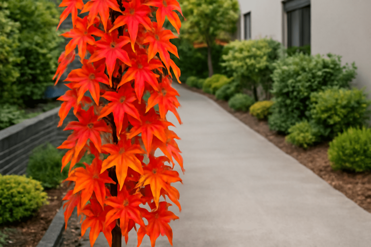 Columnar sweetgum tree with vibrant autumn foliage in an urban garden setting.