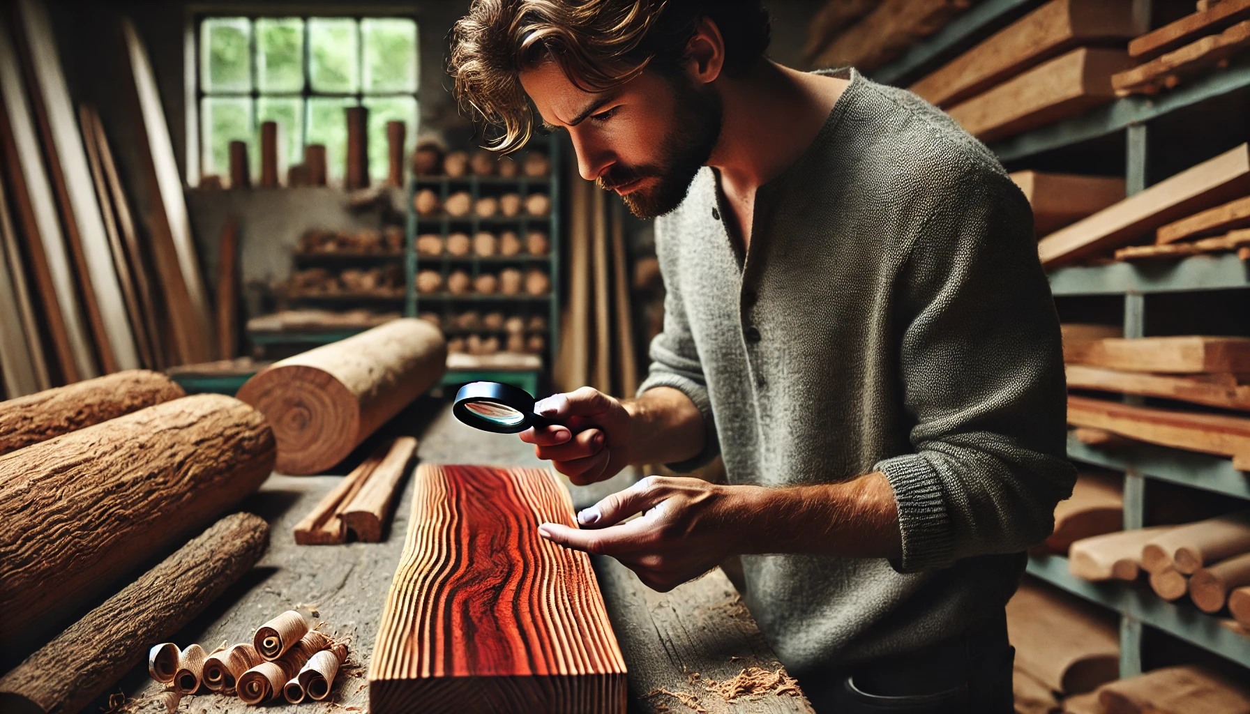 A person inspects a beautifully grained wooden plank with a magnifying glass in a well-lit workshop surrounded by wooden materials.