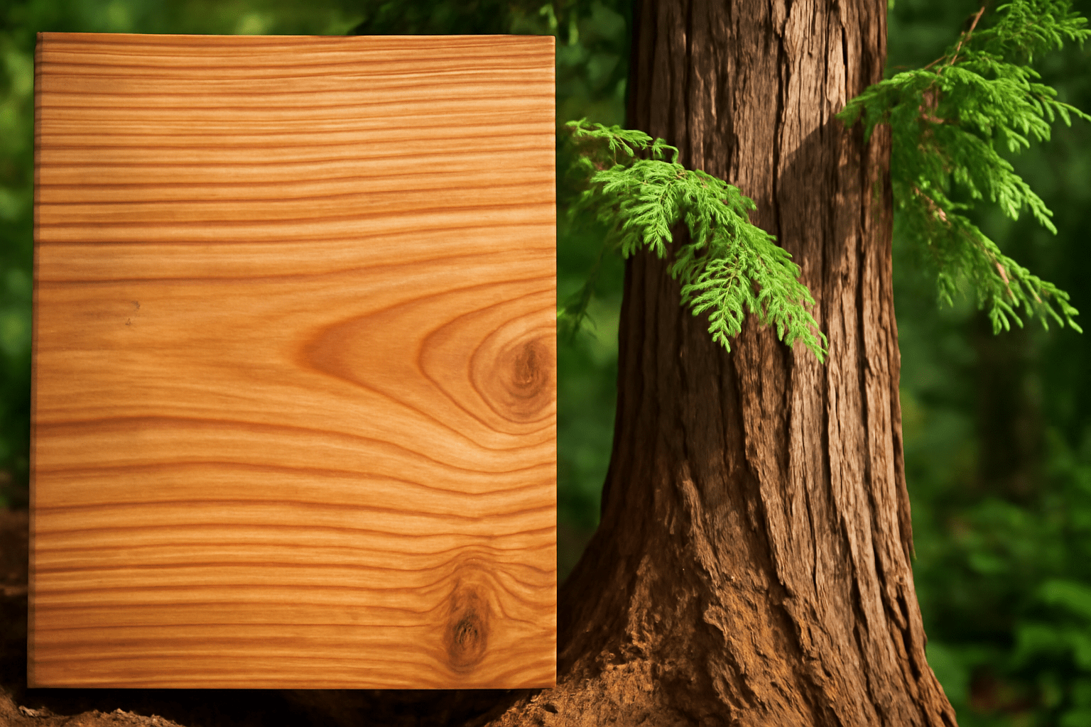 A polished wooden plank with distinct grain patterns is placed beside a tree trunk, surrounded by lush green foliage in a forest setting.