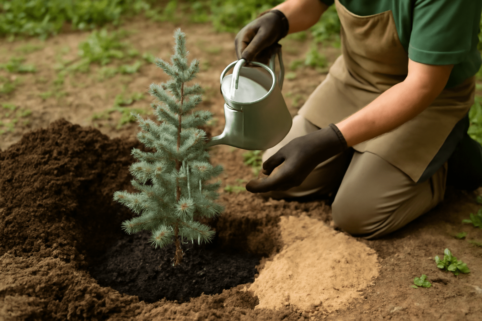 Gardener kneels, watering a small pine tree with a metal can in a soil mound. The setting is outdoors, evoking a sense of nurturing and growth.
