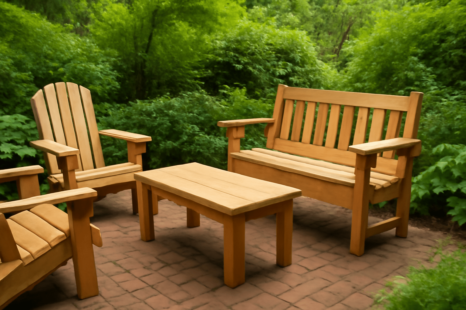 Wooden patio furniture set includes chairs, a bench, and a table on brick paving surrounded by lush green foliage, evoking a peaceful, natural setting.
