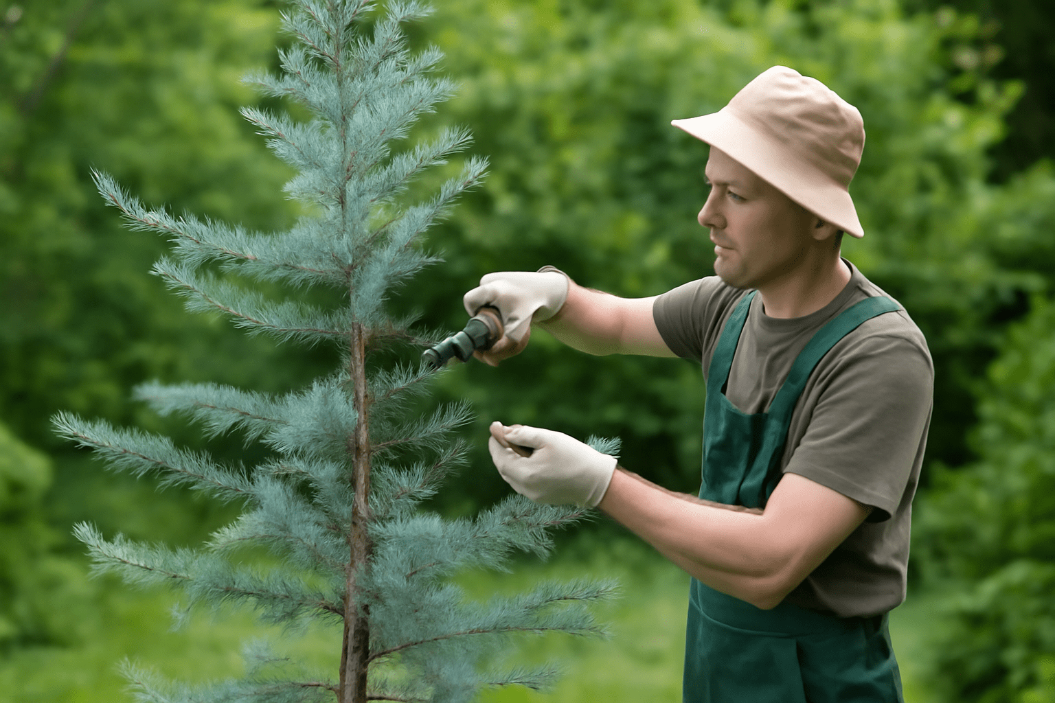 A person in green overalls and a beige hat uses a cordless drill on a young tree in a lush garden. The scene conveys calm and focus.