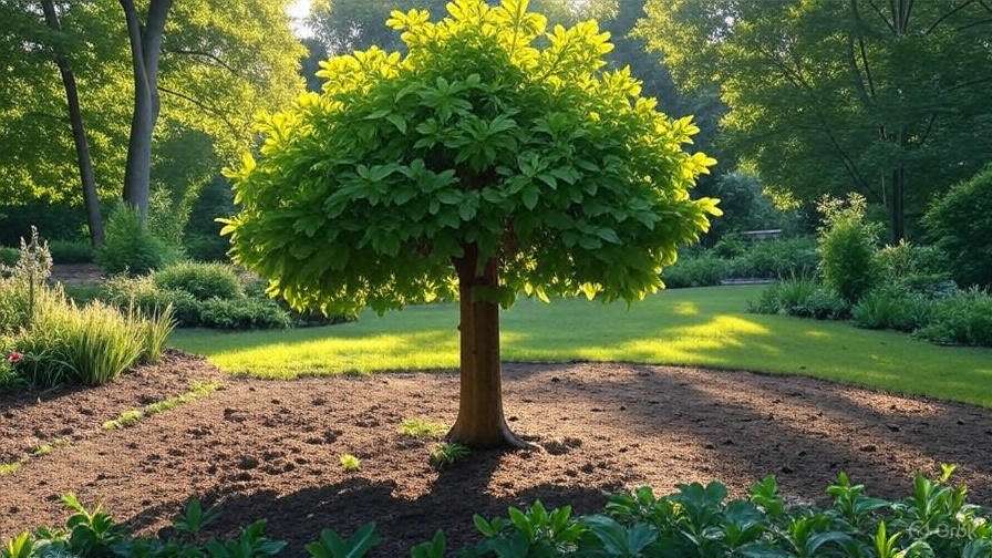 A small tree with dense green leaves is illuminated by sunlight in a garden, surrounded by mulch and grass, conveying a serene, vibrant atmosphere.