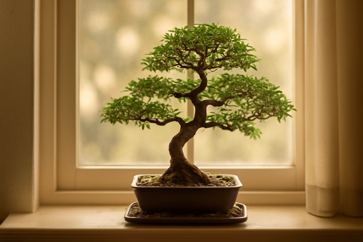 A small bonsai tree in a pot sits on a sunlit window sill, showcasing its intricate leaves and branches.