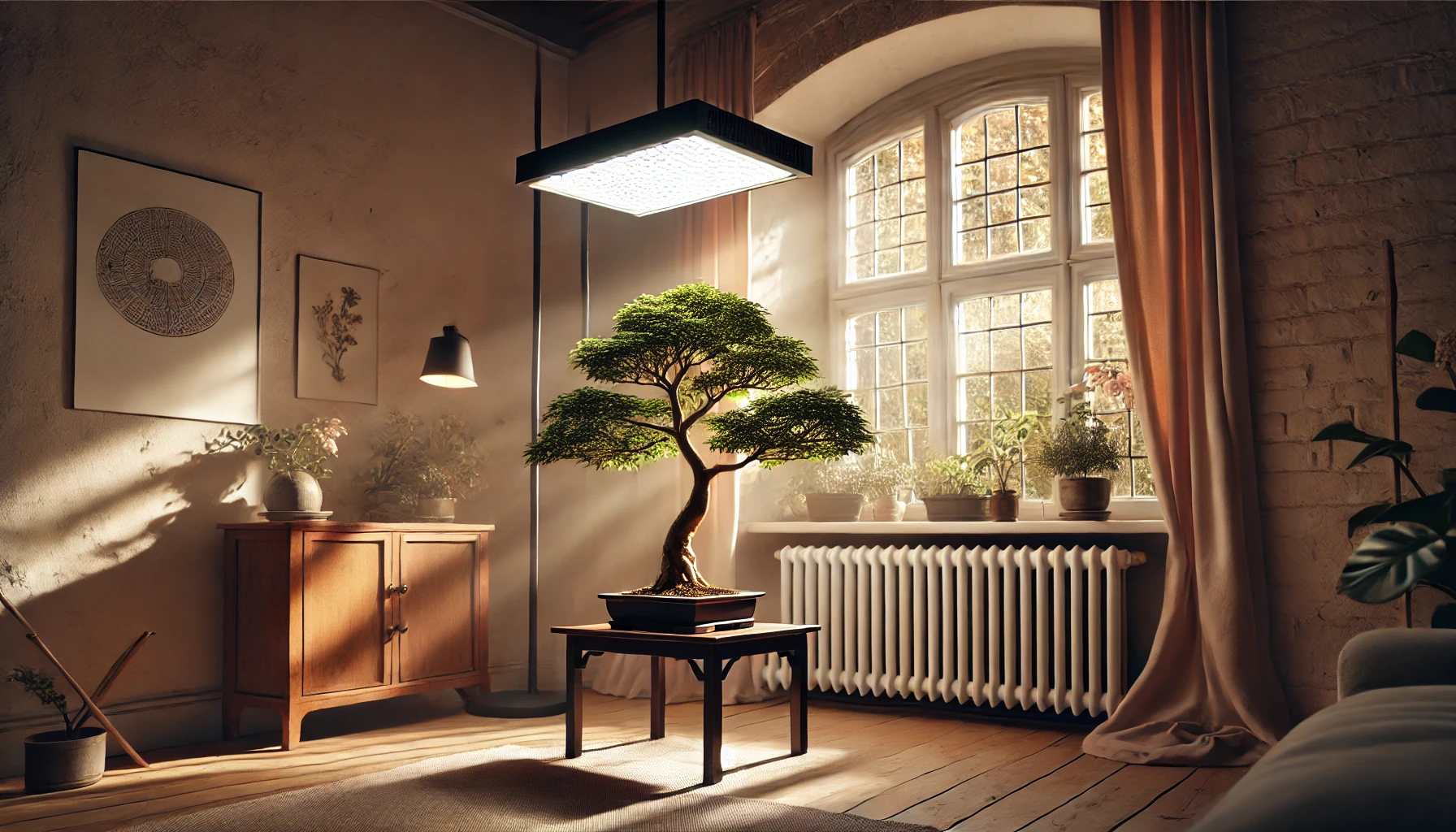 A bonsai tree on a table in a sunlit room, surrounded by plants and warm furnishings. Modern pendant light enhances the tranquil atmosphere.