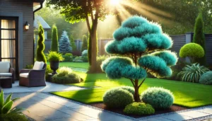 A bright sunbeam shining through the leaves of trees and bushes, casting dappled sunlight on the ground below.