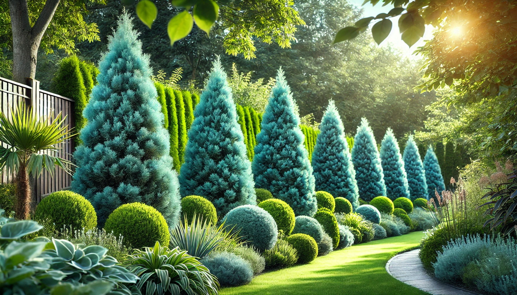 A scenic garden featuring various trees and bushes, with well-kept grass in the foreground.