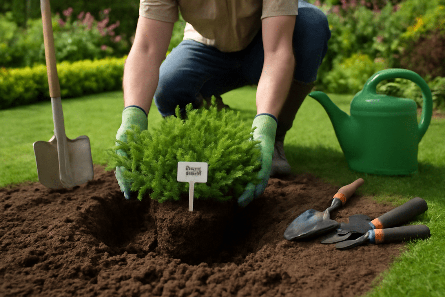 A man is planting a young tree in a garden, surrounded by soil and gardening tools.