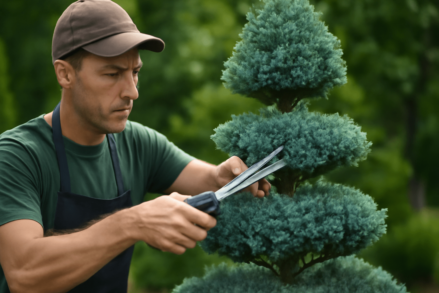 A man carefully trimming a tree's branches with scissors in an outdoor environment.