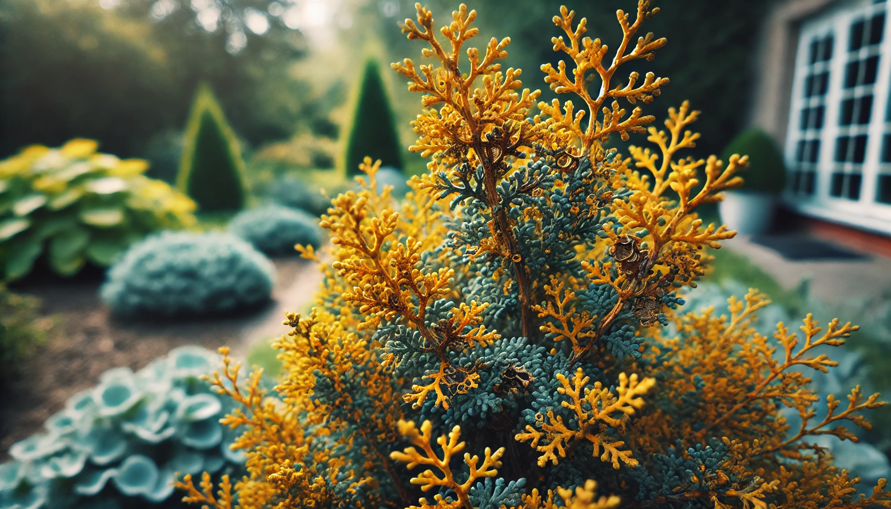 Close-up of a plant with vibrant leaves and small flowers, set against a blurred background of an autumn garden.