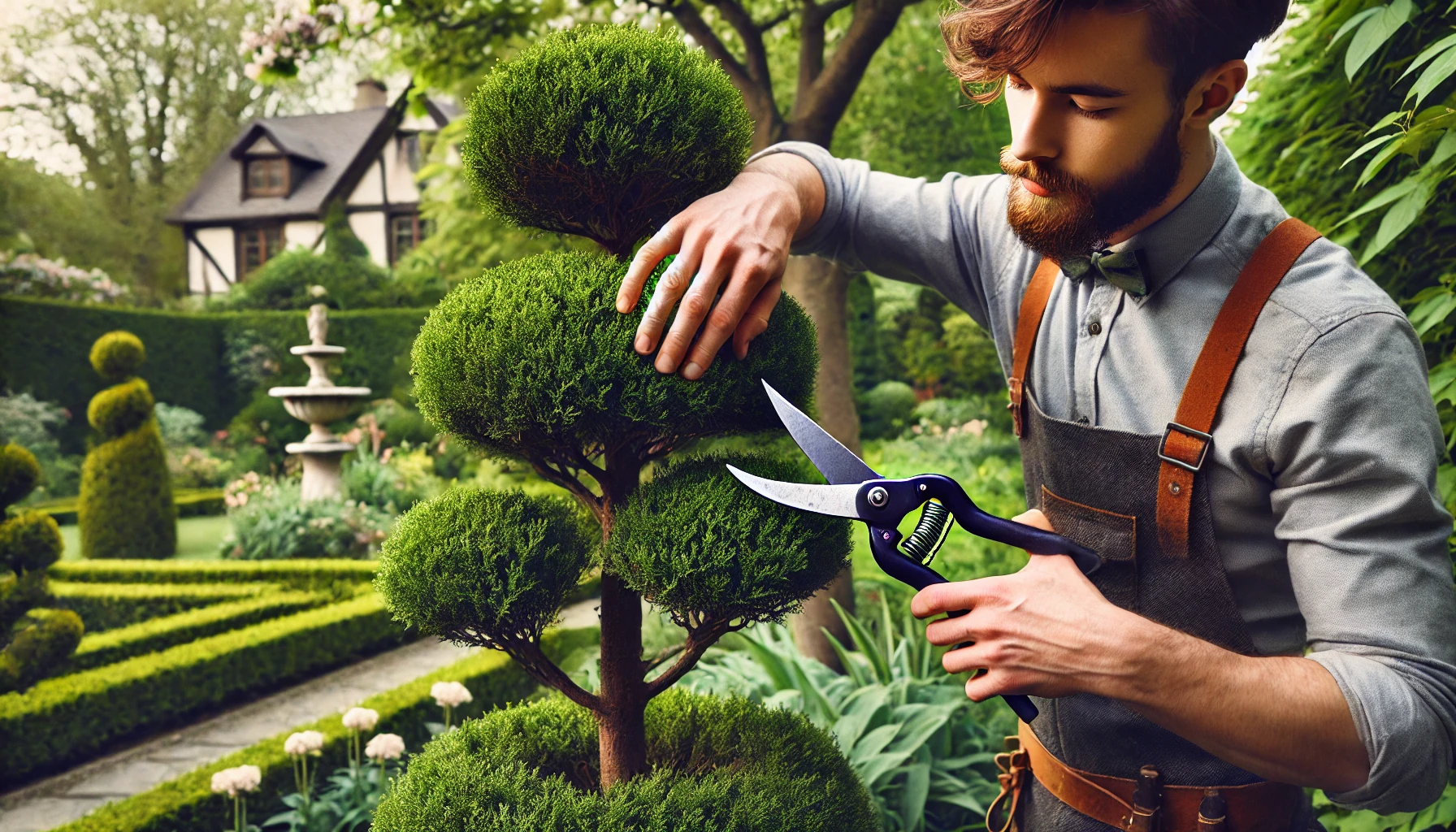 A man is trimming a bush in a garden, wearing outdoor clothing and surrounded by grass and trees.