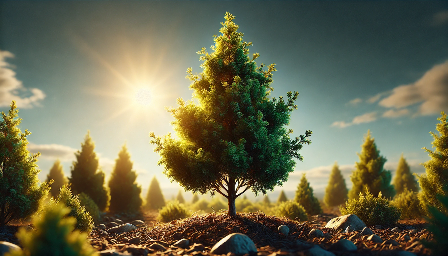 A solitary conifer tree stands in a grassy field under a blue sky with scattered clouds, showcasing the beauty of nature in an outdoor landscape bathed in sunlight.