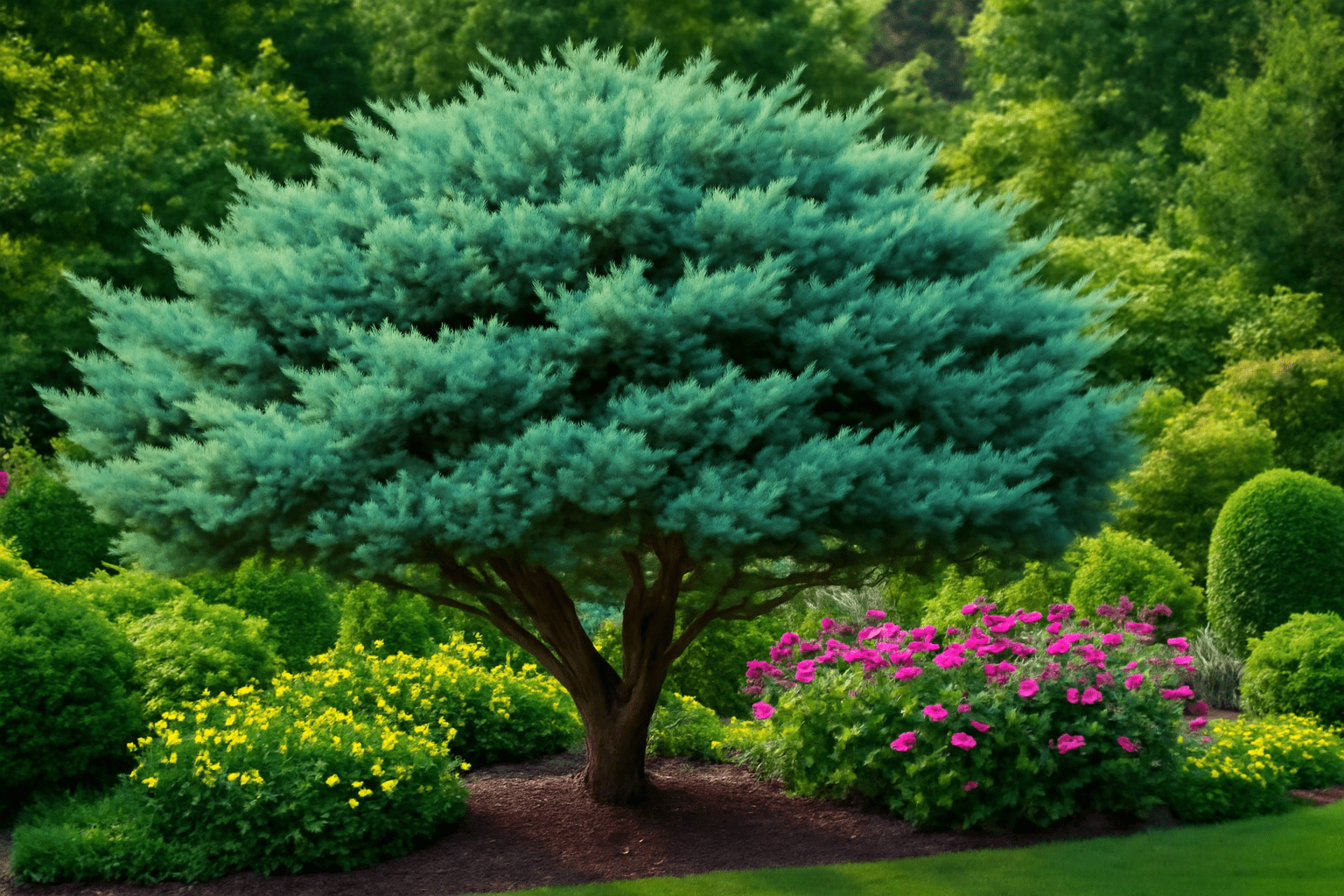 A large blue tree stands prominently in a vibrant green garden filled with lush foliage.