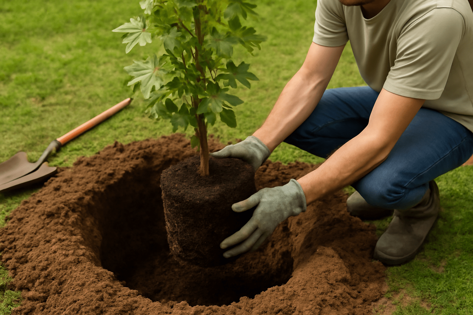 "Gardener planting a young Chinese Sweetgum tree, focusing on soil preparation and tree placement."