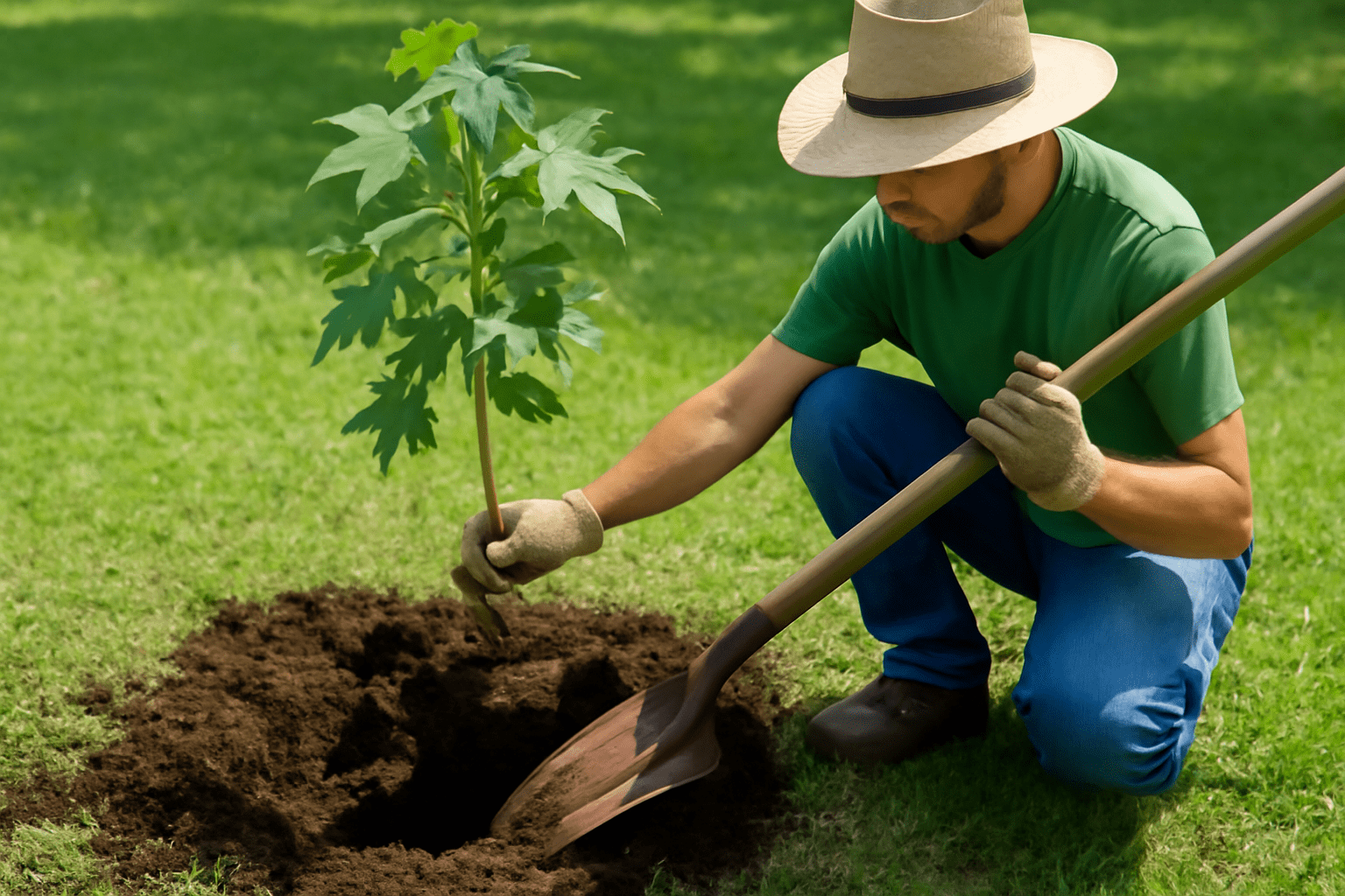 "Gardener planting a young Cherokee Sweetgum Tree with proper soil preparation and planting techniques."