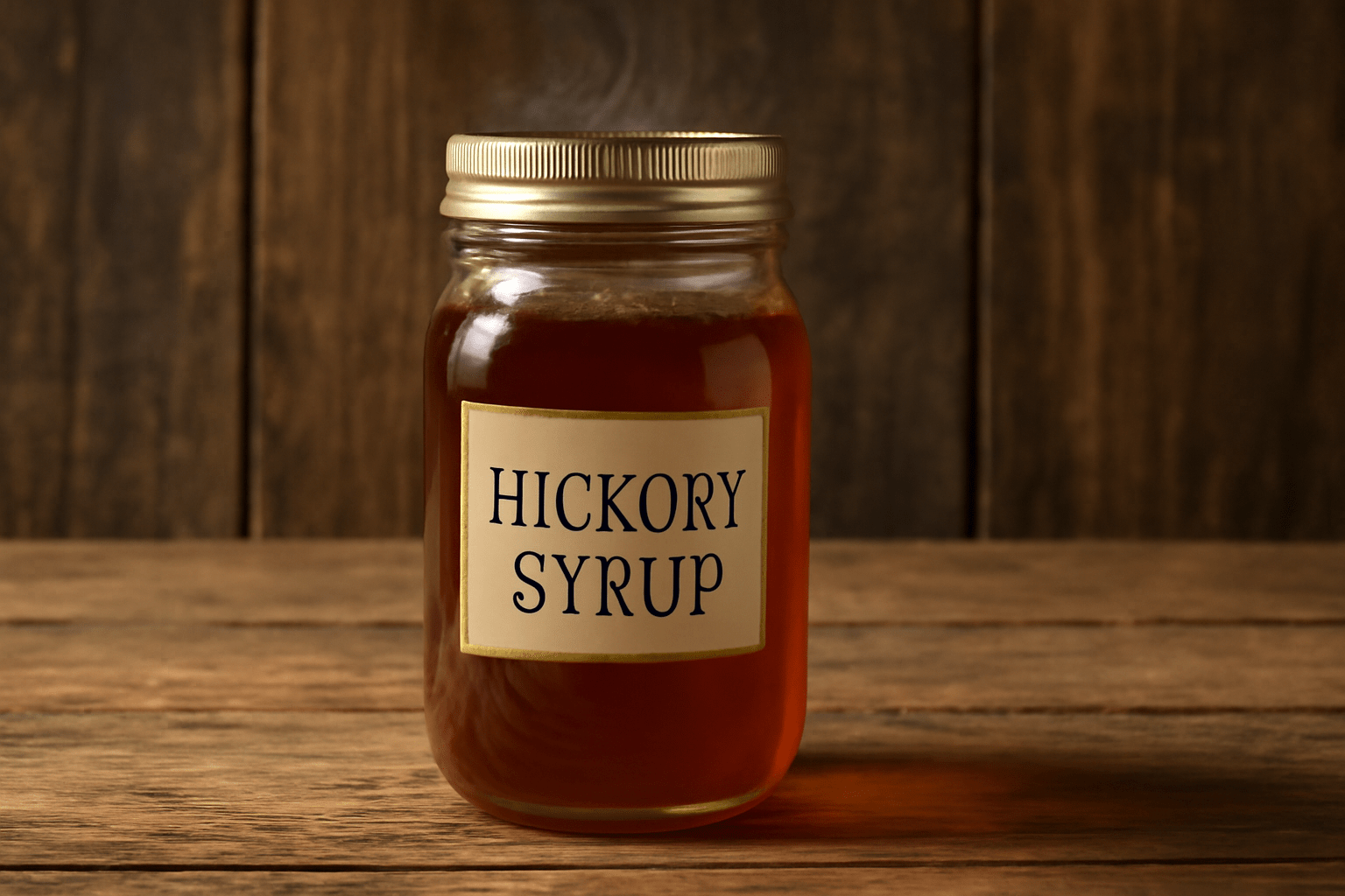"A jar of rich, golden-brown hickory syrup on a wooden table."