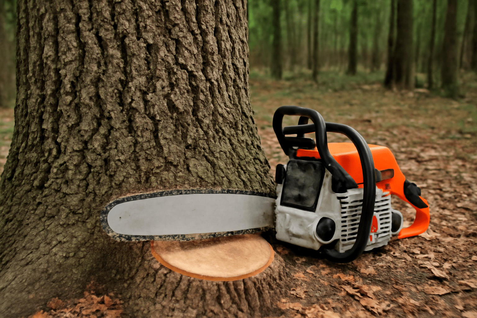 "Chainsaw and hickory tree trunk showing dense wood texture."