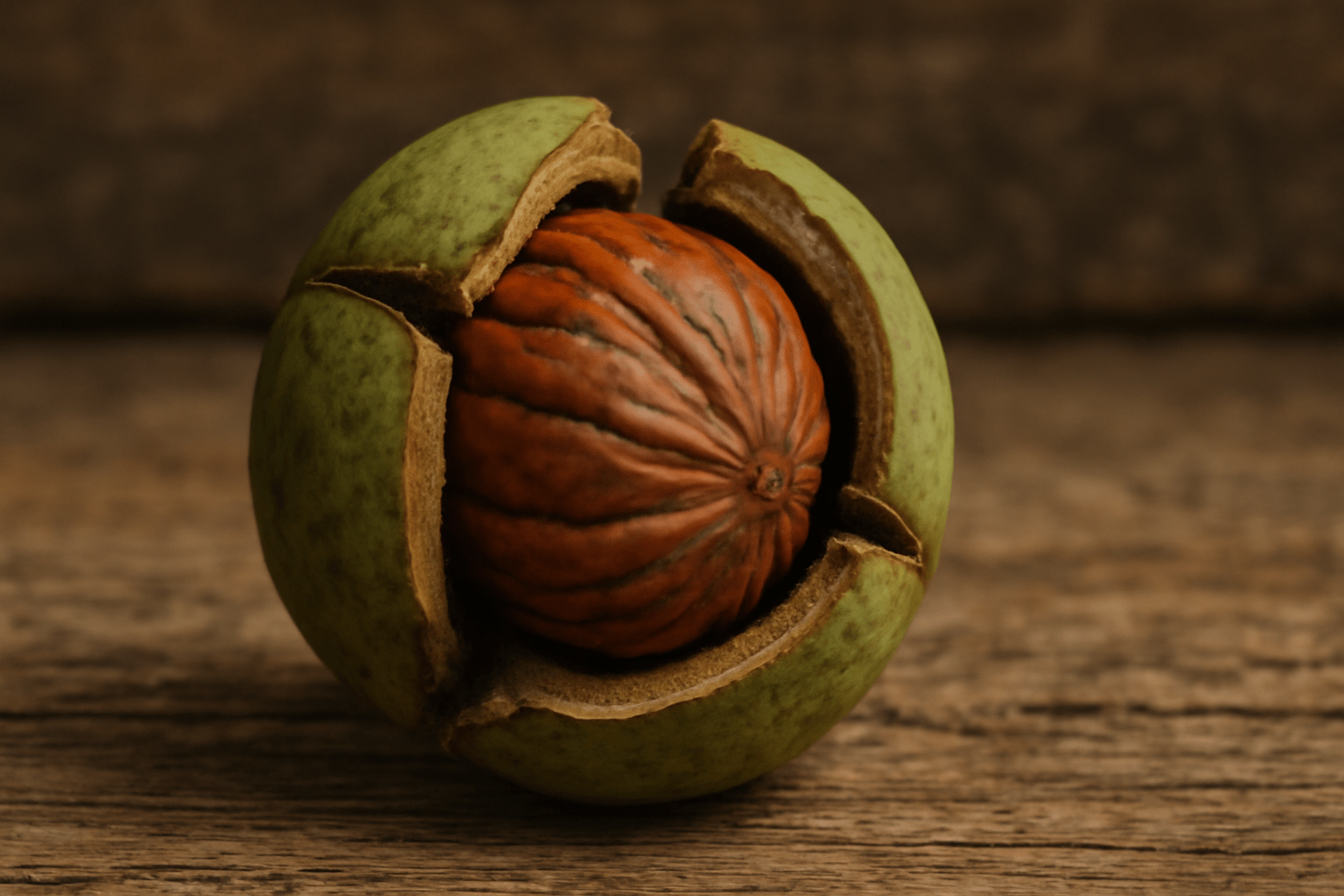 "Cracked hickory nut revealing the edible seed inside."