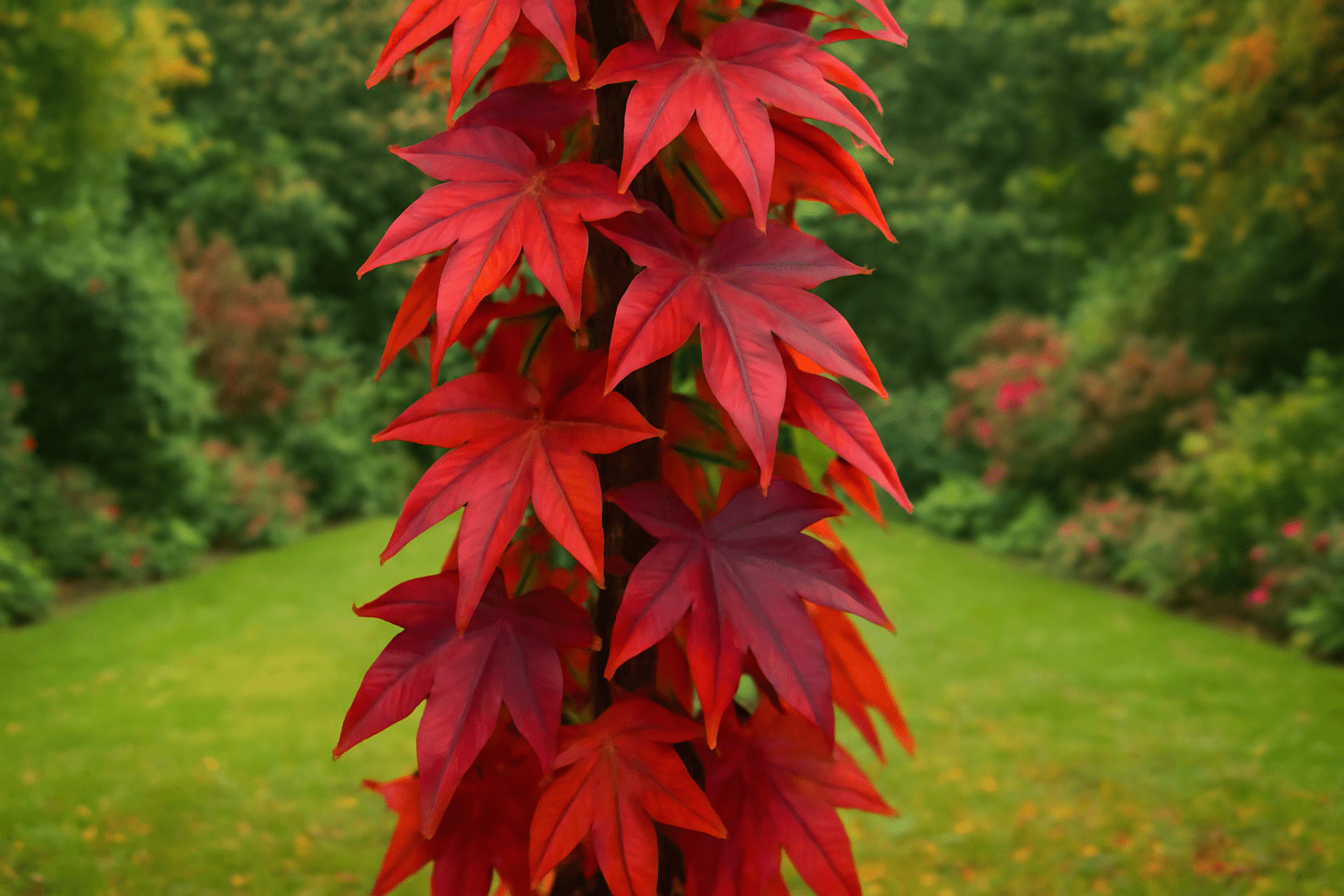 "Autumn foliage of Liquidambar Slender Silhouette Sweetgum Tree with vibrant red, orange, and purple leaves."